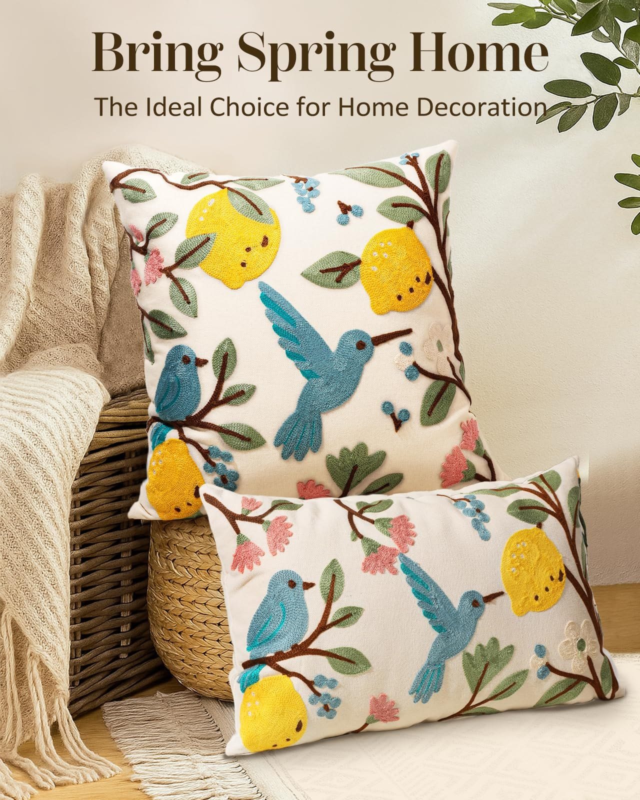 Bird Lemon birds, lemons, and branches embroidered pillow cover — image 5