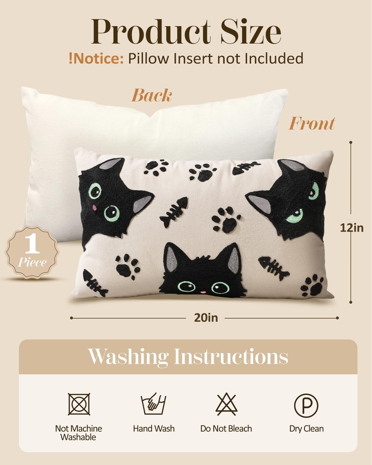 Cat Bone cats, paw prints, and fish bones embroidered pillow cover — image 4