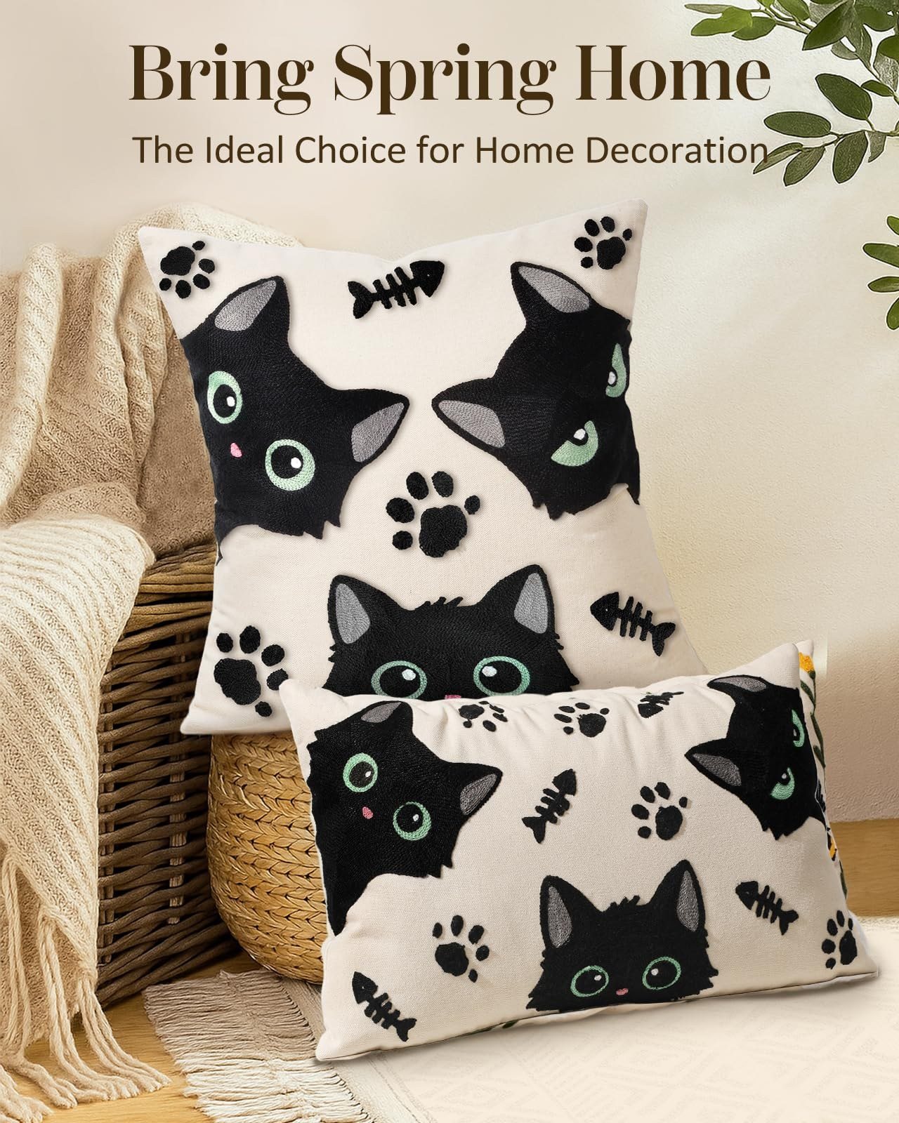 Cat Bone cats, paw prints, and fish bones embroidered pillow cover — image 5
