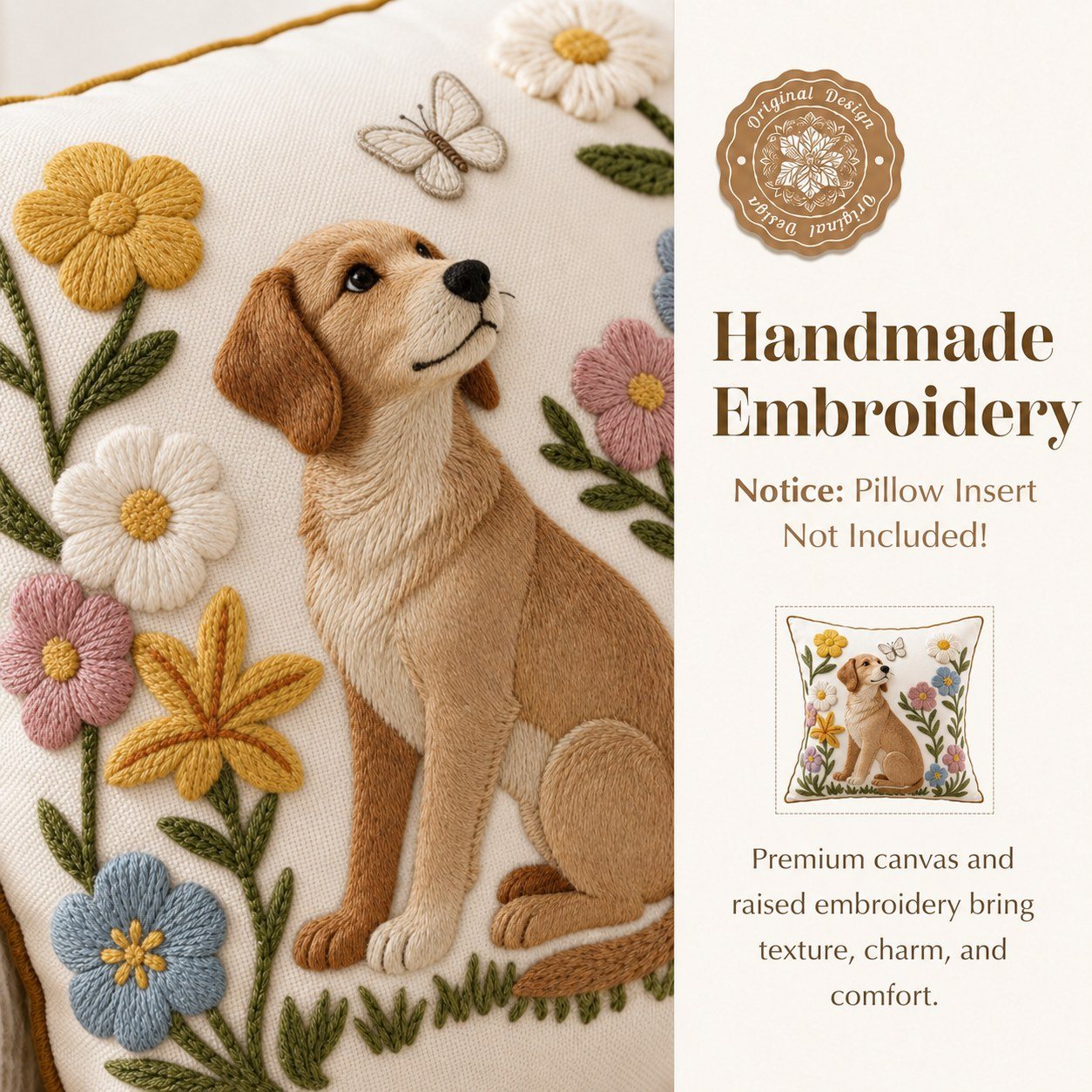 Floral Dog dog and floral embroidered pillow cover — image 2