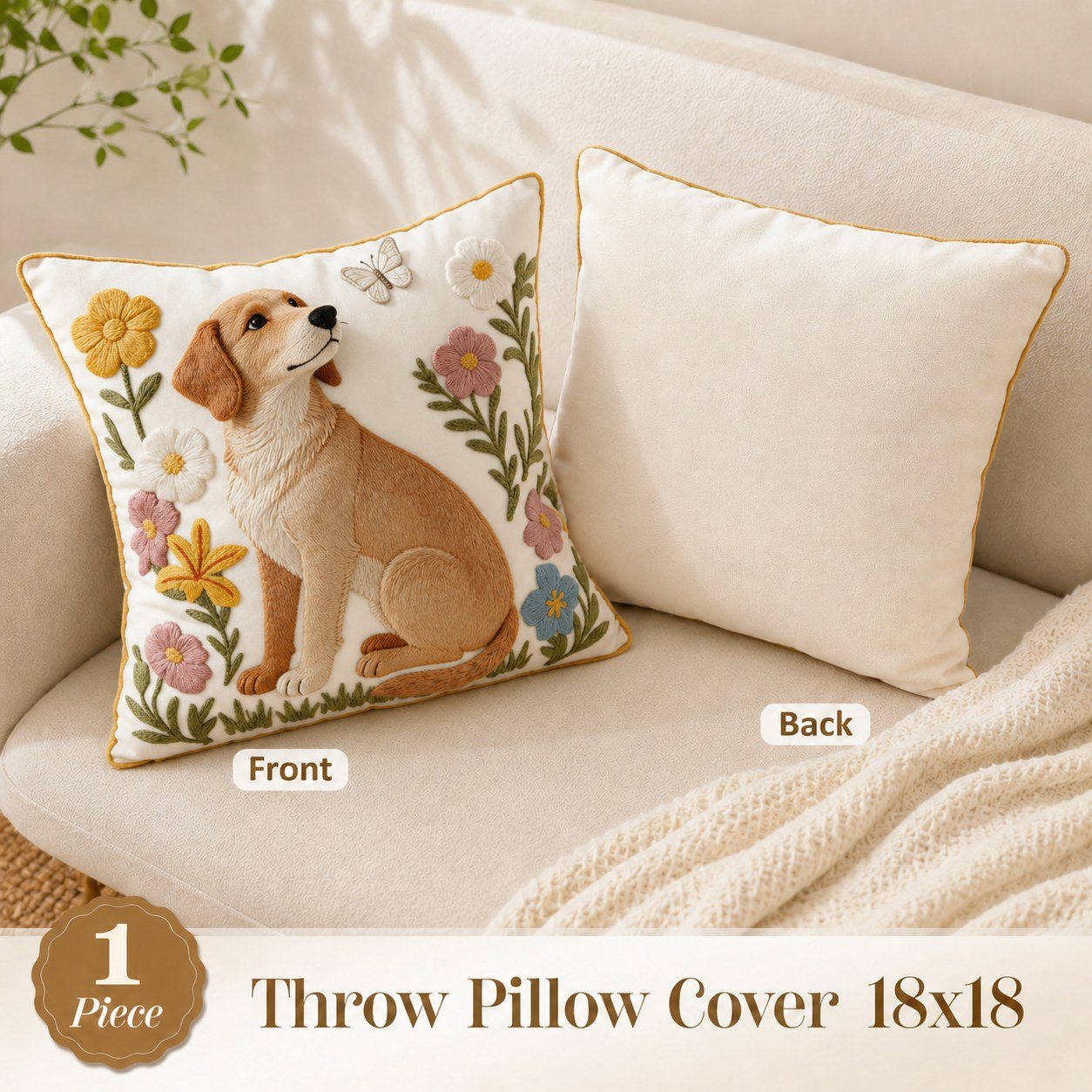 Floral Dog dog and floral embroidered pillow cover — image 4