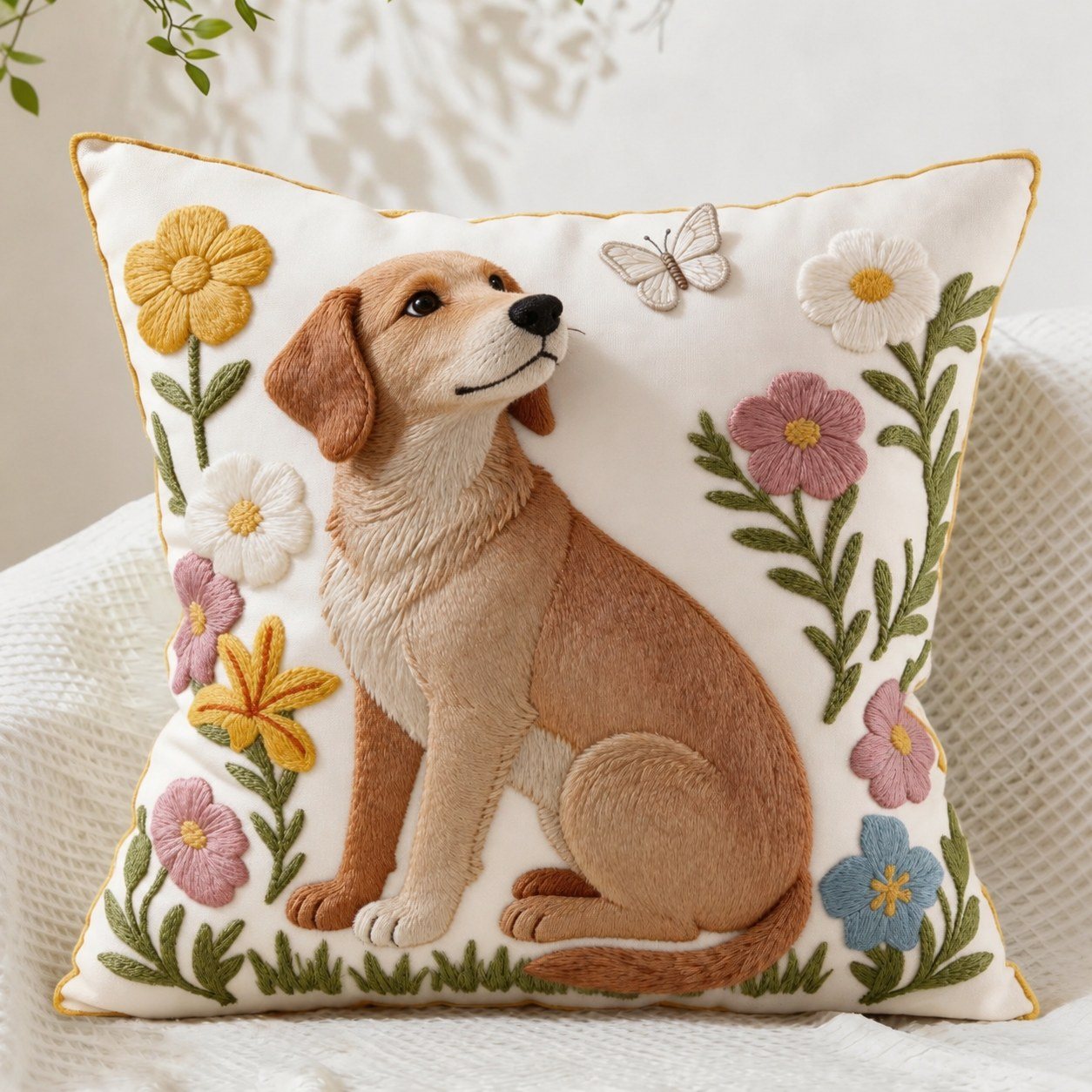 Dog Embroidered Pillow Cover