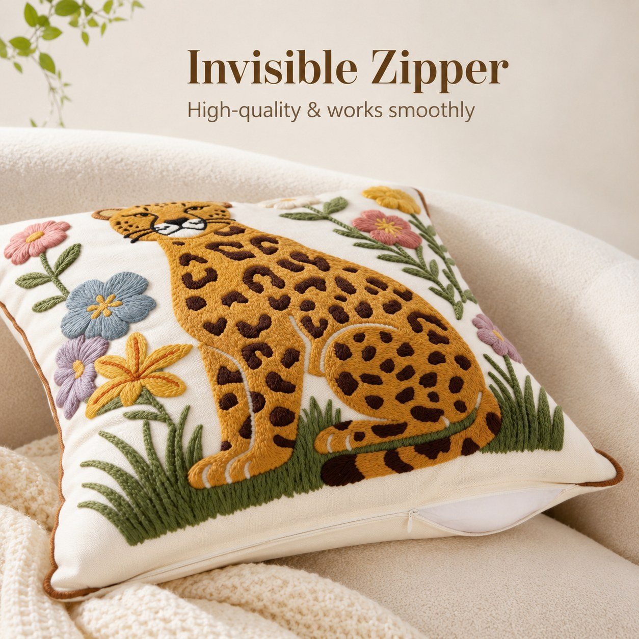 Floral Leopard animal and floral embroidered pillow cover — image 3