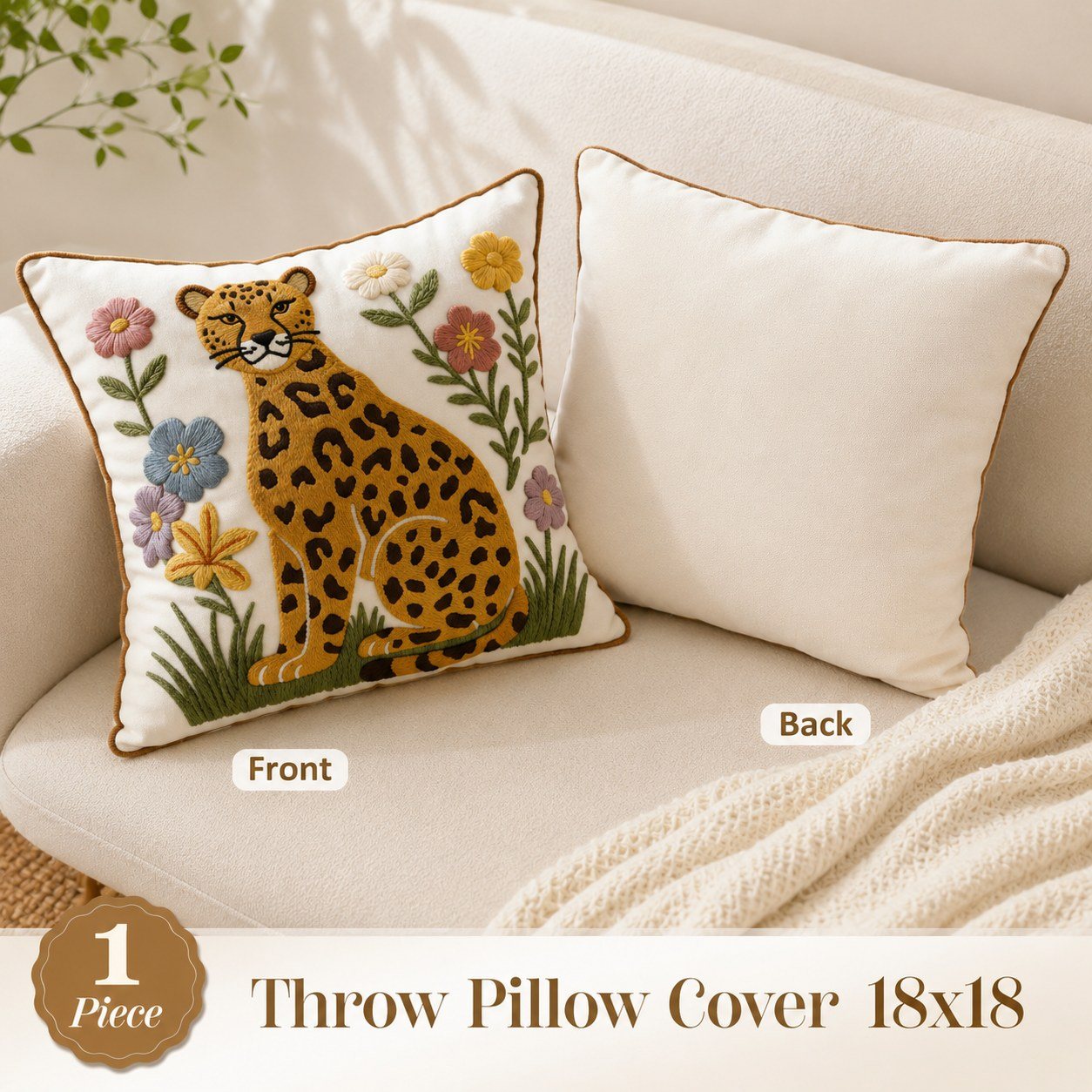 Floral Leopard animal and floral embroidered pillow cover — image 4