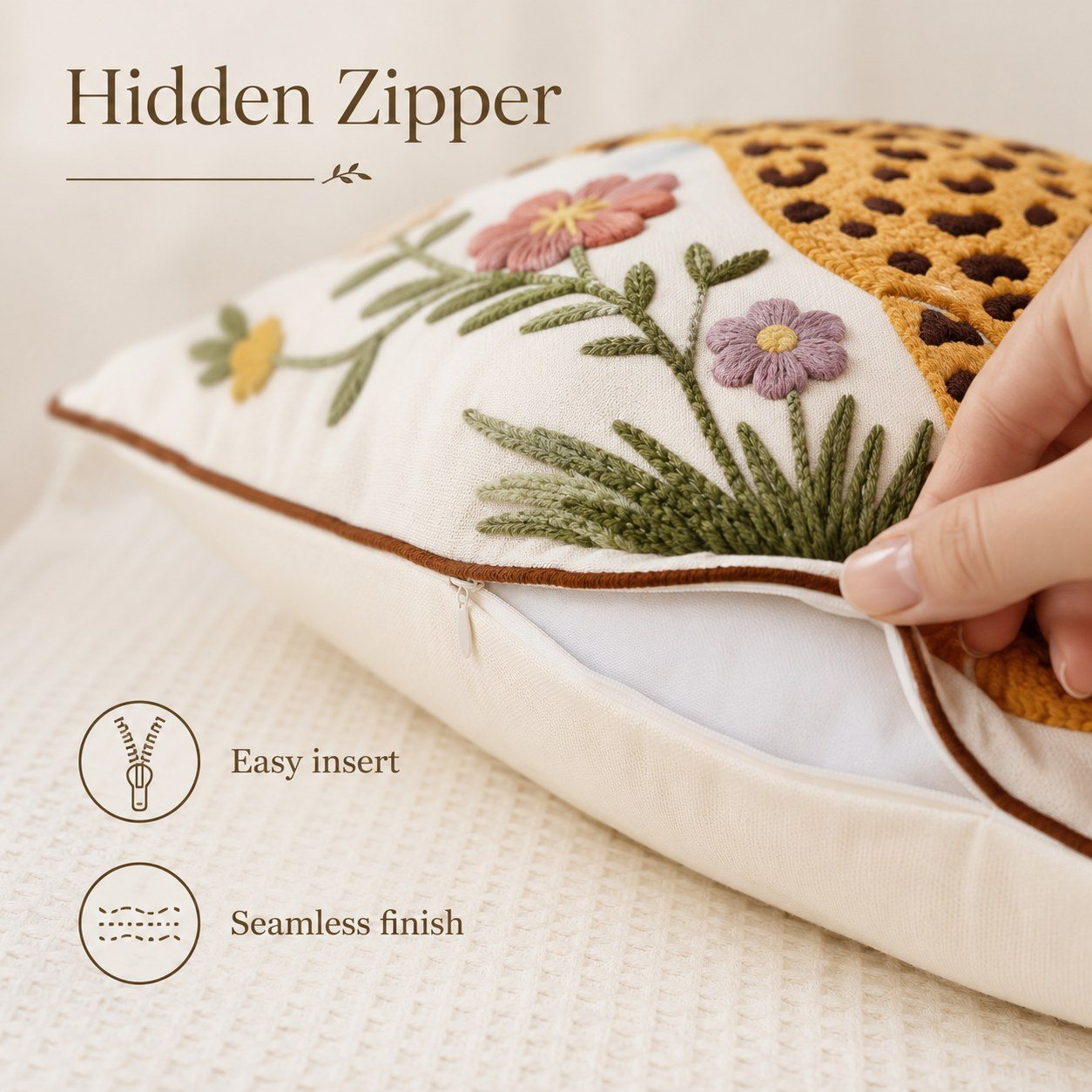 Floral Leopard animal and floral embroidered pillow cover — image 5