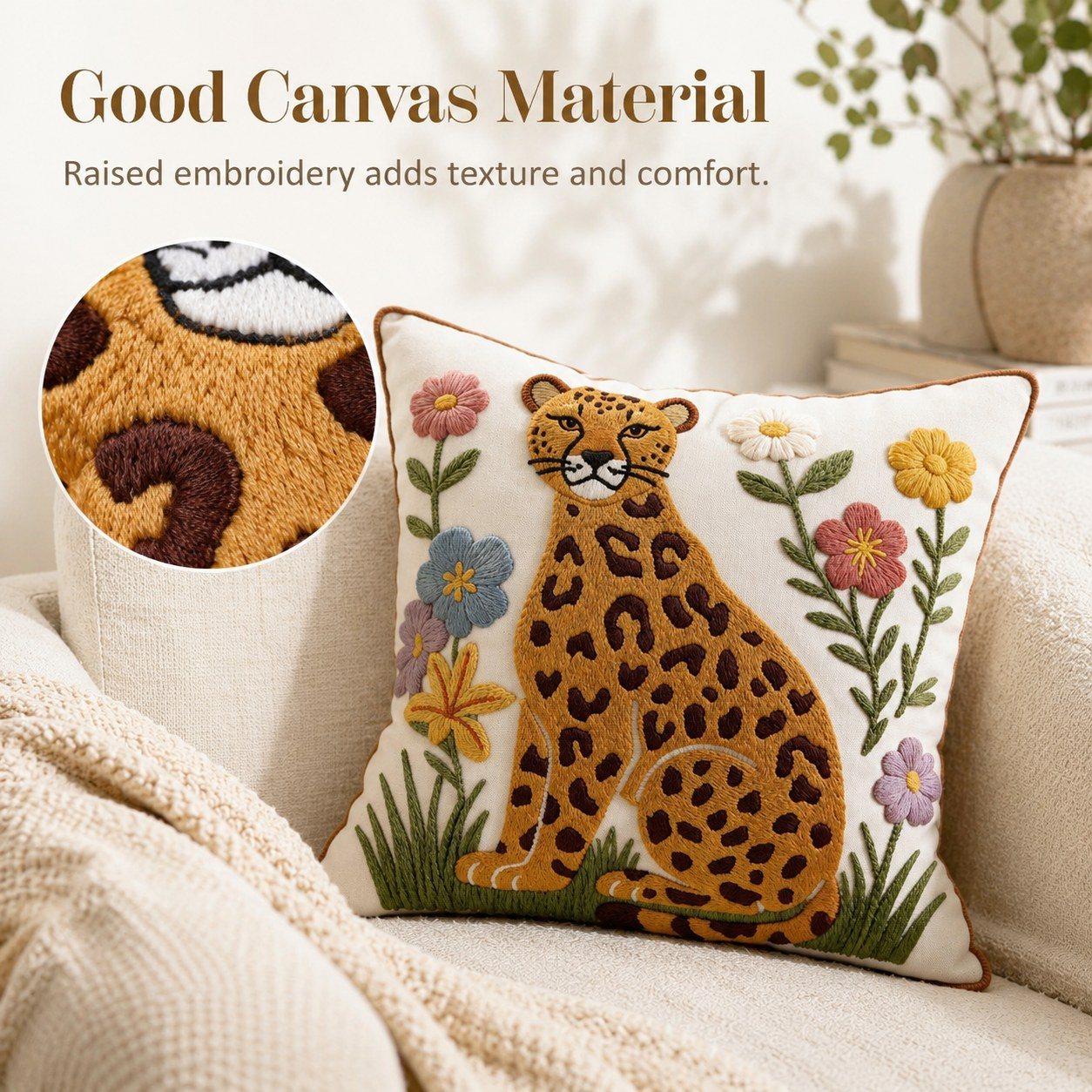 Floral Leopard animal and floral embroidered pillow cover — image 6