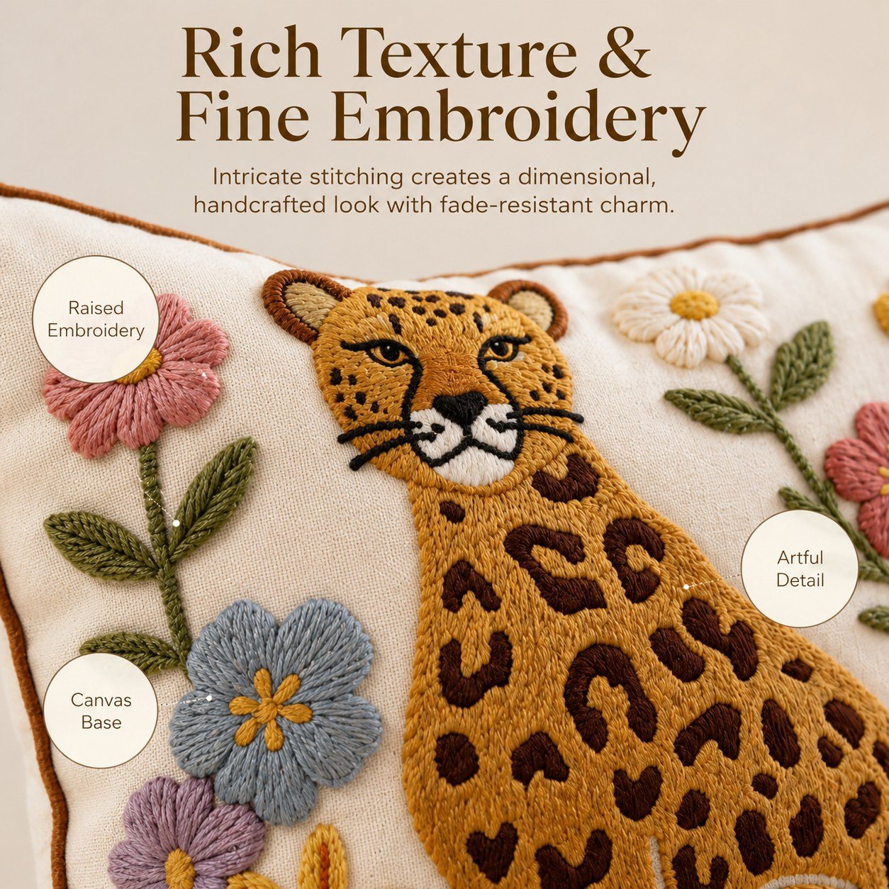Floral Leopard animal and floral embroidered pillow cover — image 7