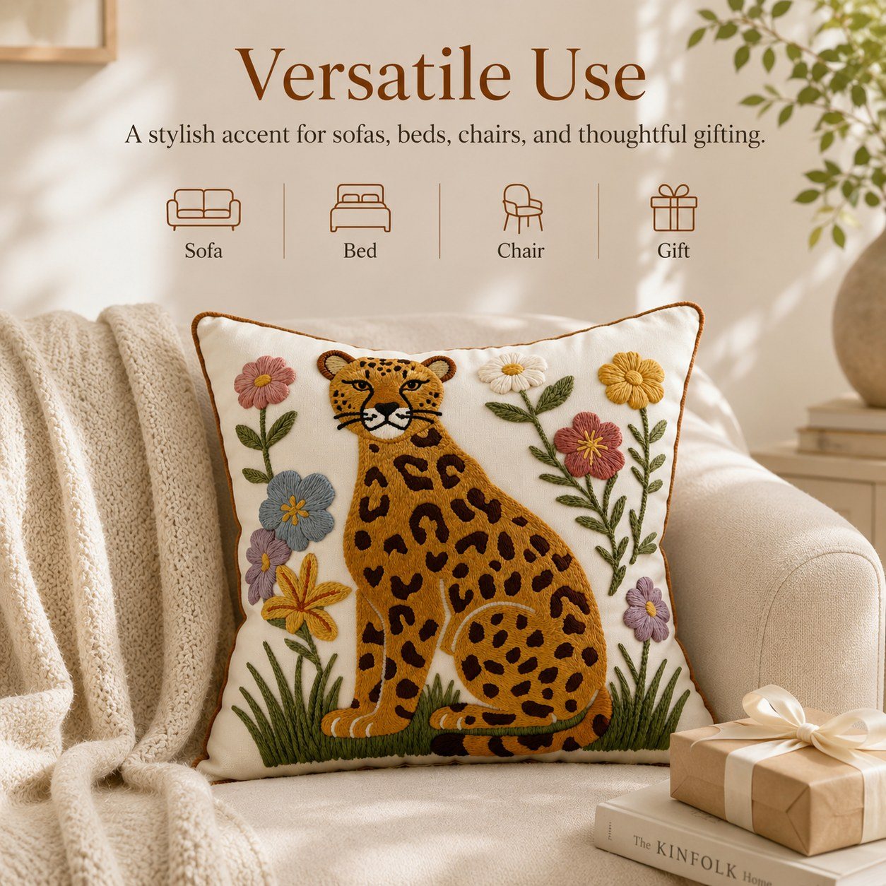 Floral Leopard animal and floral embroidered pillow cover — image 8