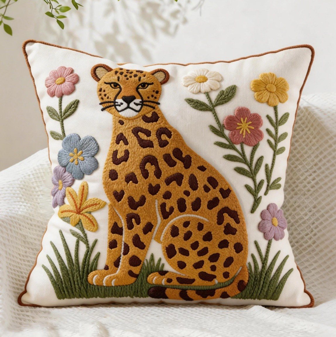 Floral Leopard Embroidered Pillow Cover