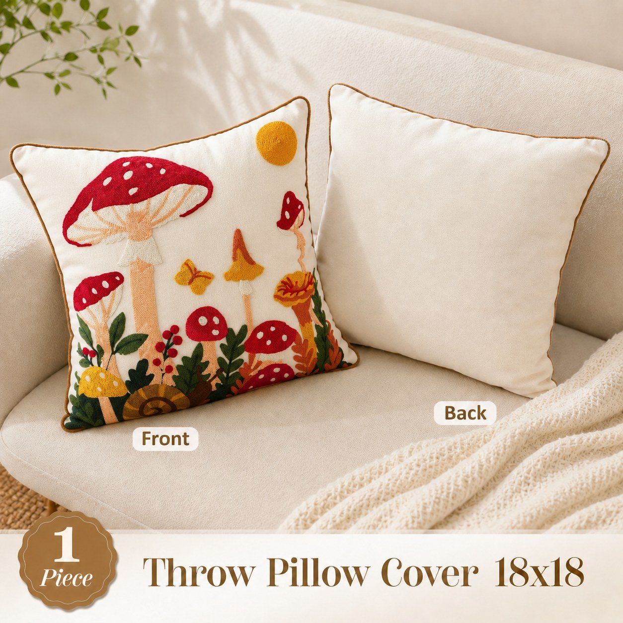 Mushroom Moon botanical mushroom embroidered pillow cover — image 4