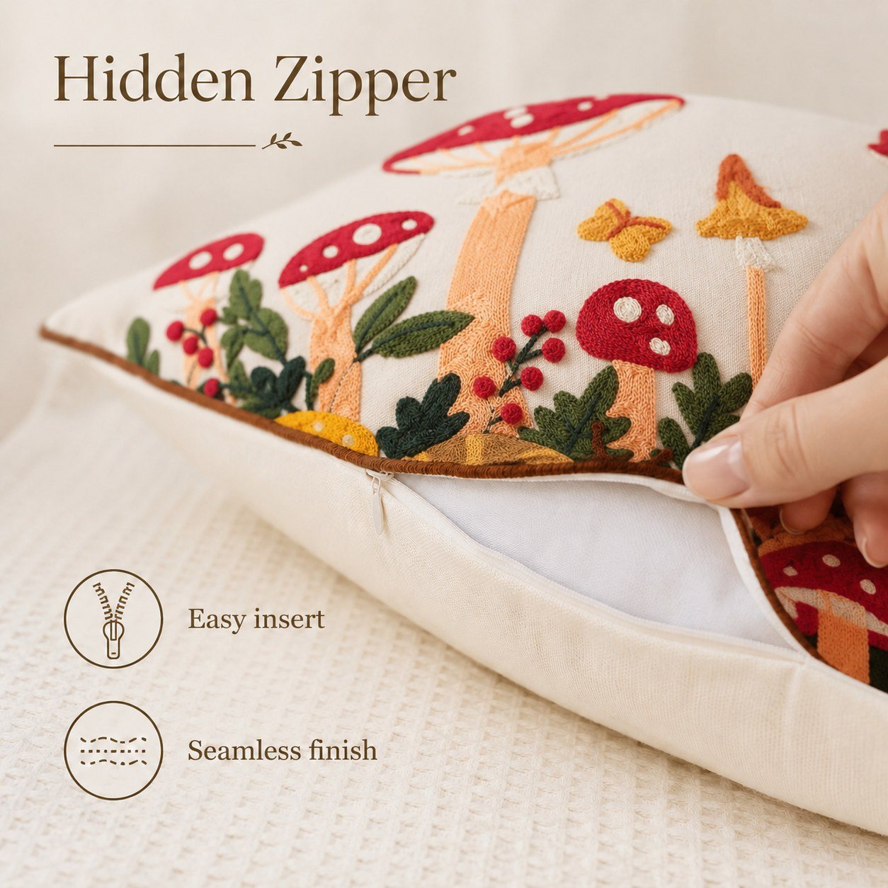 Mushroom Moon botanical mushroom embroidered pillow cover — image 5