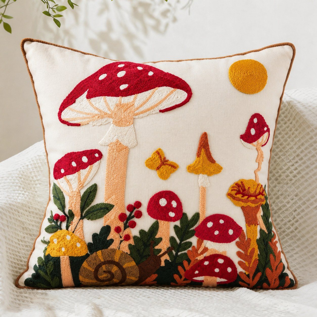 Mushroom Moon embroidered pillow cover