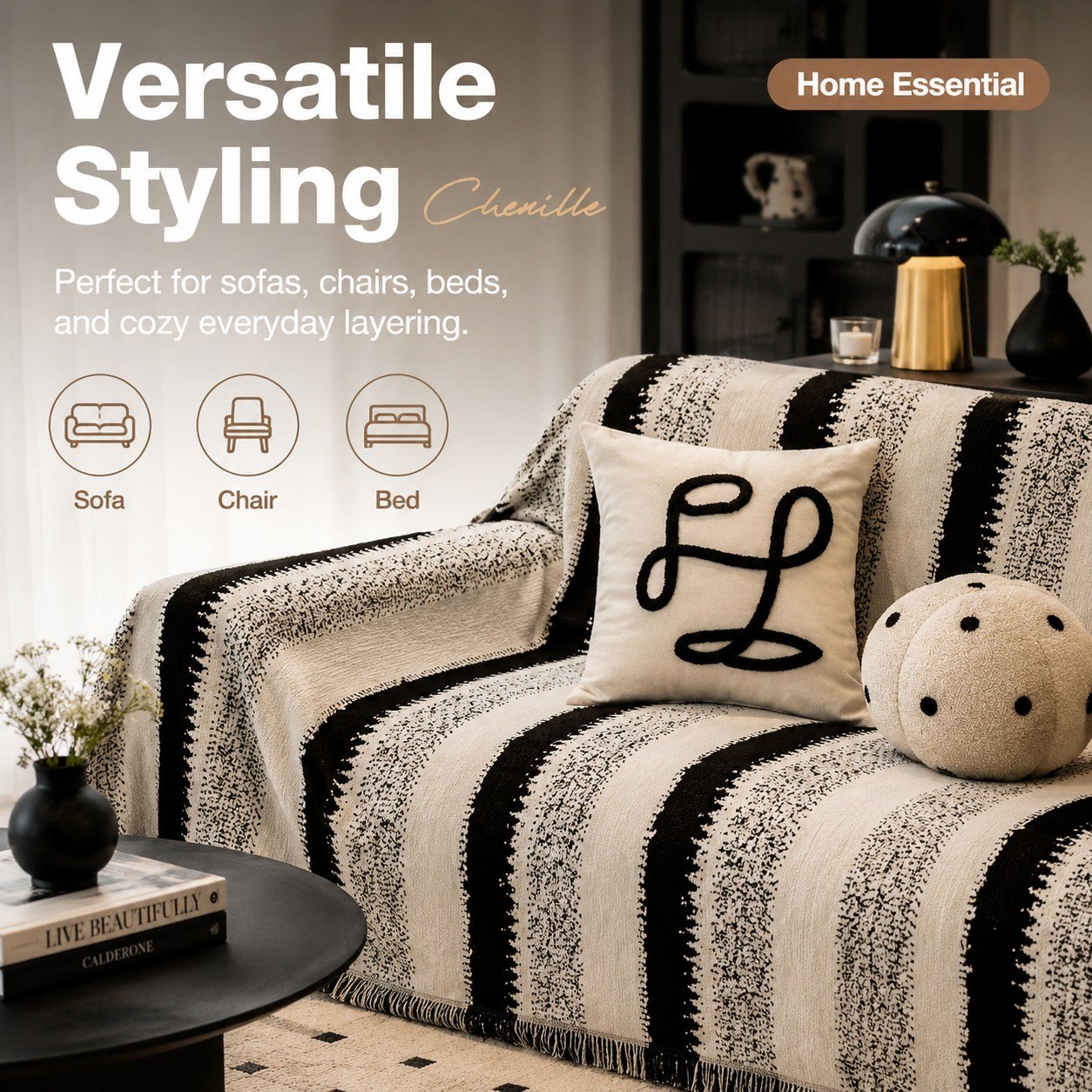 Timeless Black & White abstract black-and-white stripe embroidered sofa throw — image 5
