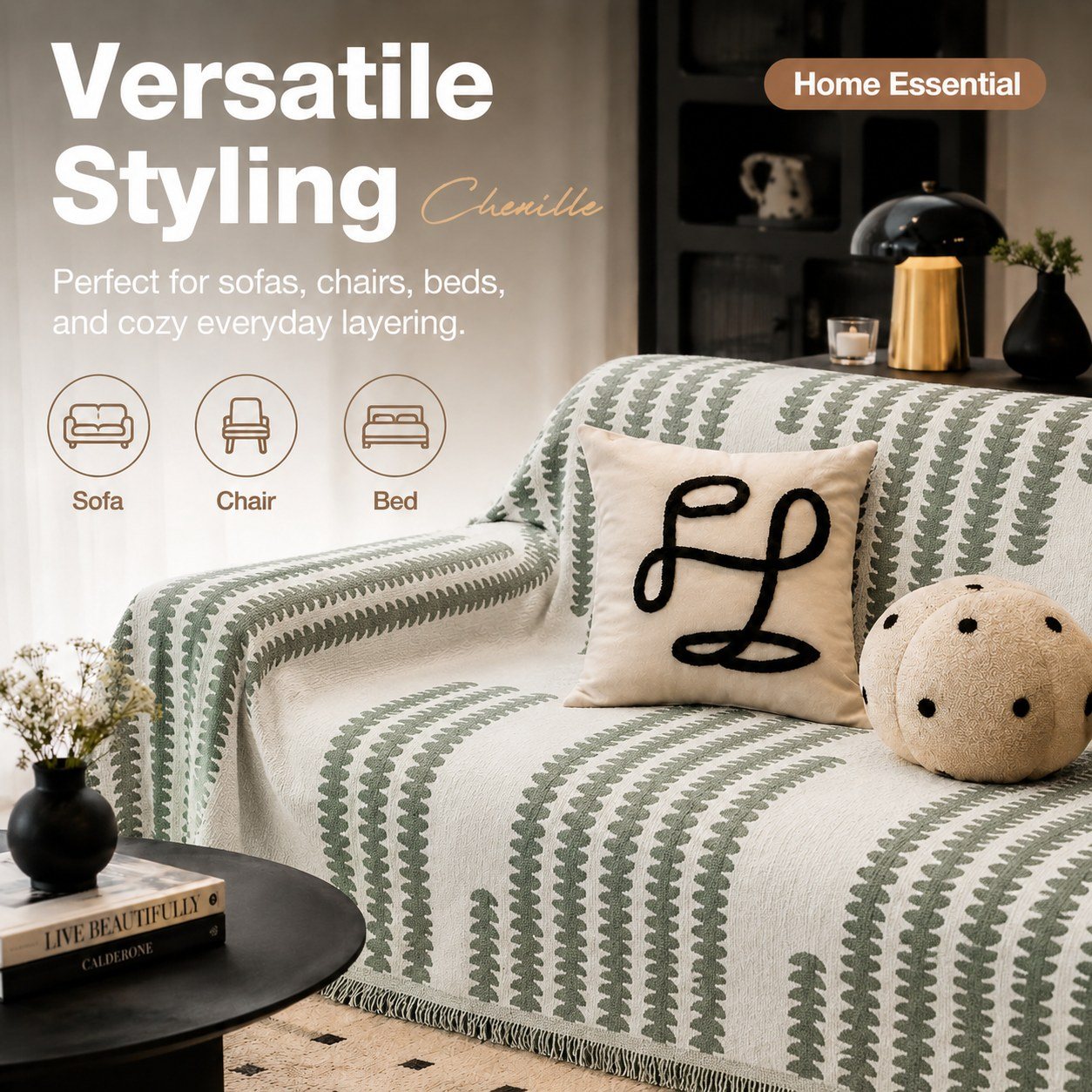 Timeless Green sage green woven stripe embroidered sofa throw — image 4