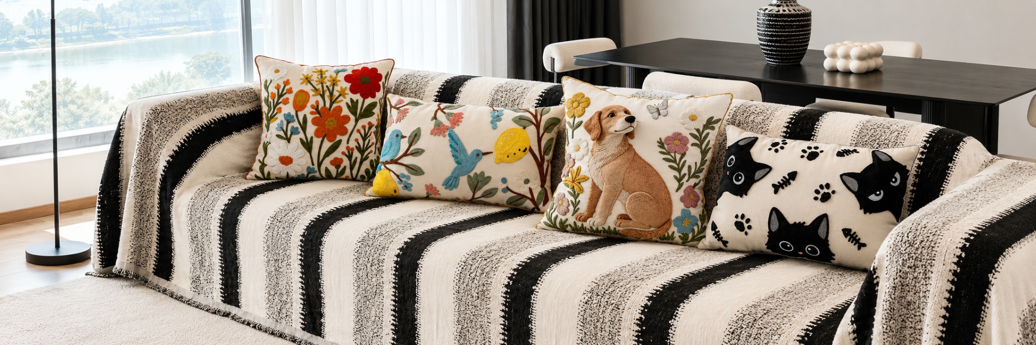 Embroidered pillow covers in a styled living room