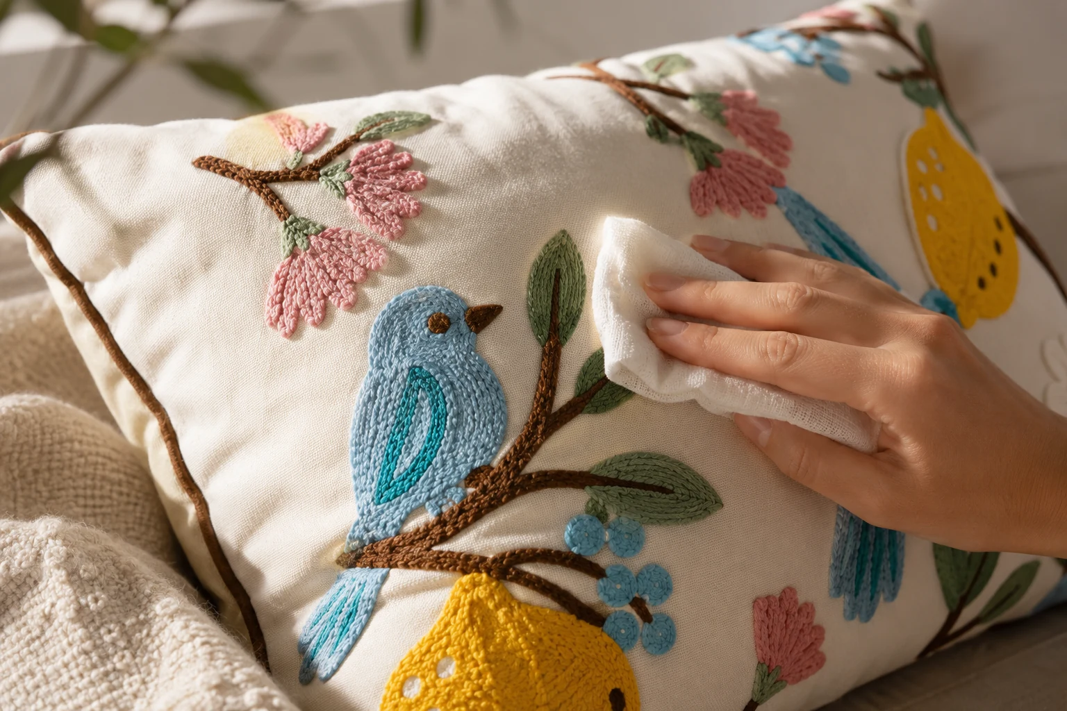 Close-up of embroidered pillow cover being gently cleaned