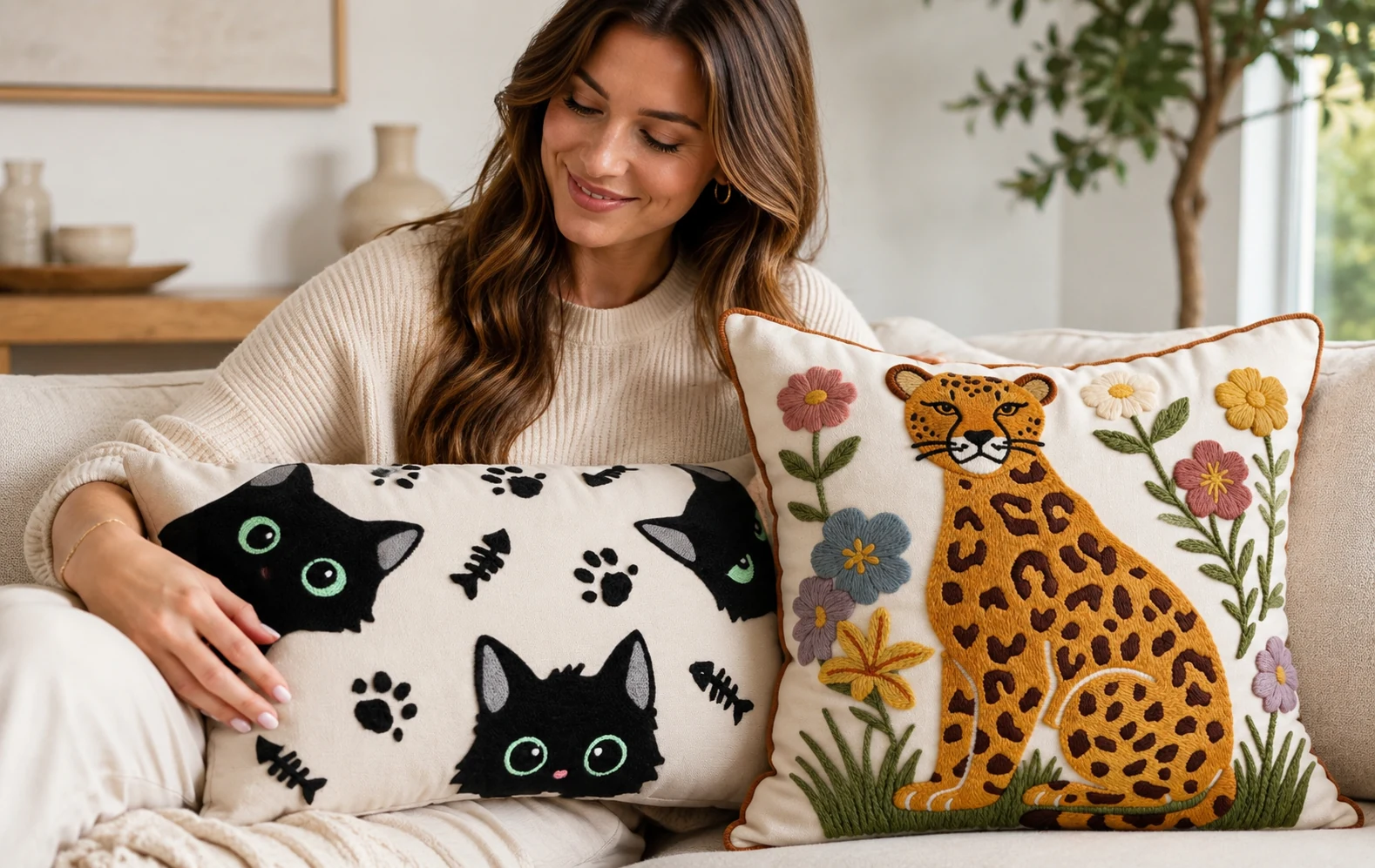 Woman holding lumbar and square embroidered pillow covers